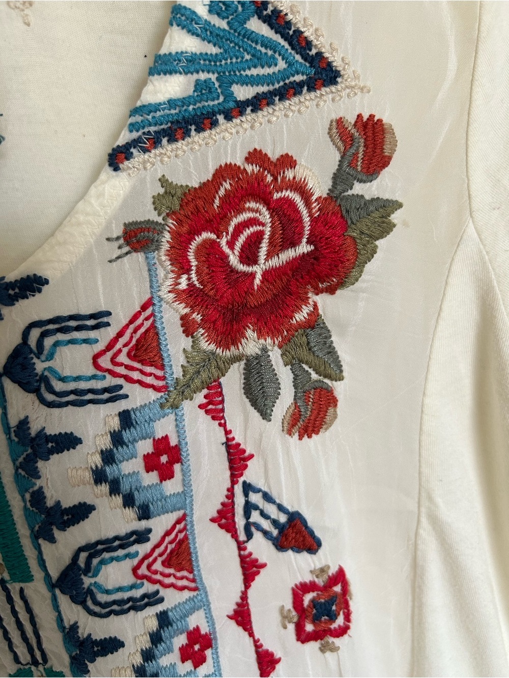 Johnny Was Cream Long Sleeve Embroidered Boho Dress with Red and Teal Accents - Picture 4 of 7